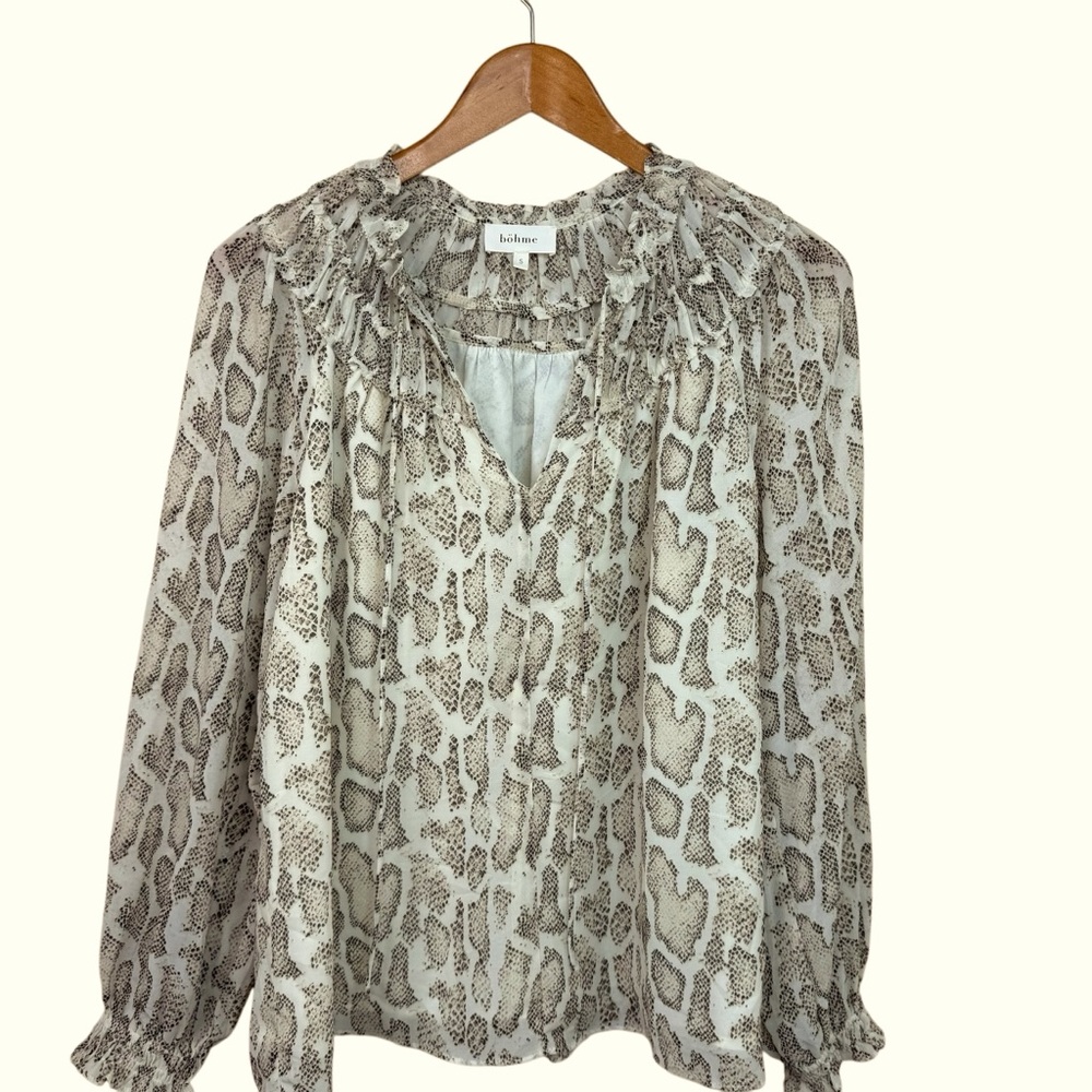 Boheme Women's Sz S Snake Print Blouse Top Long Sleeve Ruffle Tan Career Boho
